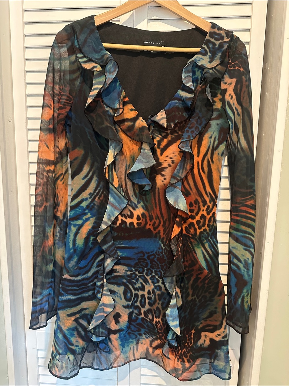 ASOS Leopard Ruffle V-Neck Long Sleeve Mini Dress